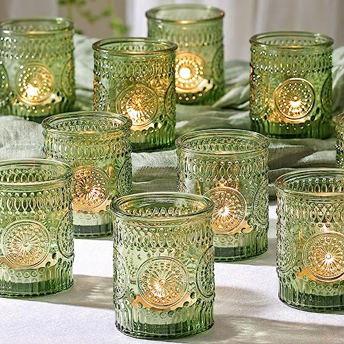 DEVI 24pcs Green Votive Candle Holders for Wedding, Glass Tea Lights Candle Holder, Green Baby Shower St. Patrick's Day Table Decor, Vintage Depression Glass Candle Holders for Table Centerpiece - Image 1