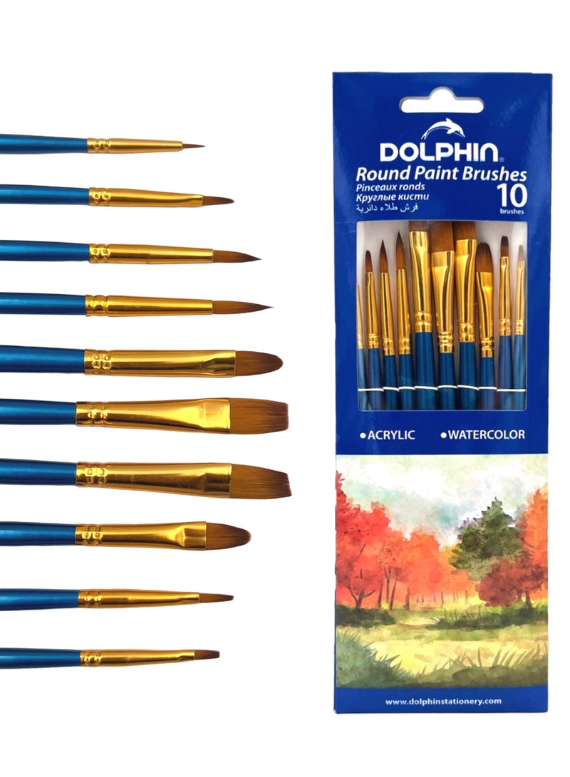 Dolphin Round Paint Brushes – RPB-0664, High-Quality, Fine Tip, Ideal for Watercolor & Acrylic Painting, Pack of 10 