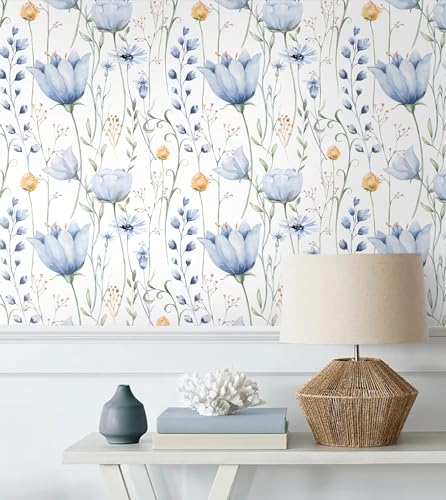 HeloHo 16.1" X 394" Blue Floral Wallpaper Peel and Stick Self Adhesive Removable Wall Paper Waterproof Contact Paper for Furniture Living Room Bedroom Decor - Image 4