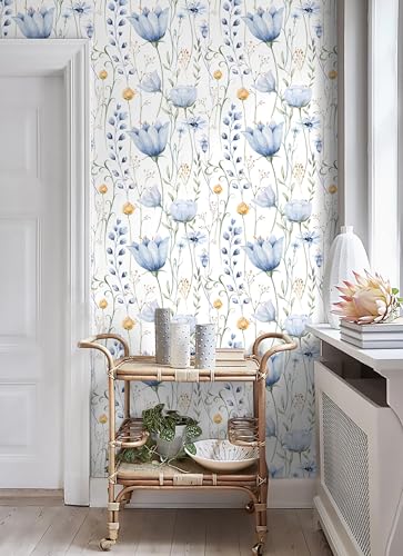 HeloHo 16.1" X 394" Blue Floral Wallpaper Peel and Stick Self Adhesive Removable Wall Paper Waterproof Contact Paper for Furniture Living Room Bedroom Decor - Image 5