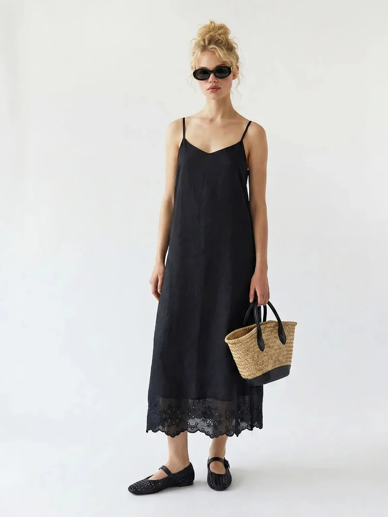 ميكسراي MIXRAY Embroidered A-Line Midi Slip Dress