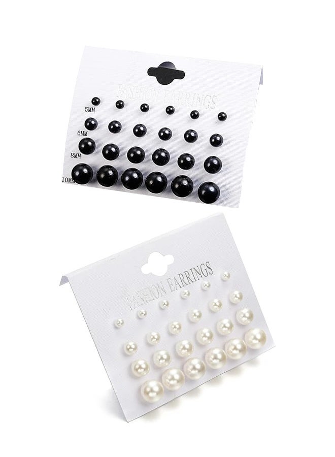 24 Pairs Set Pearl Stud Earrings Minimalist Dainty Hypoallergenic Elegant Round Ball Beads Stud Earrings Set for Women（5mm 8mm 10mm 12mm）（White+Black） - Image 1