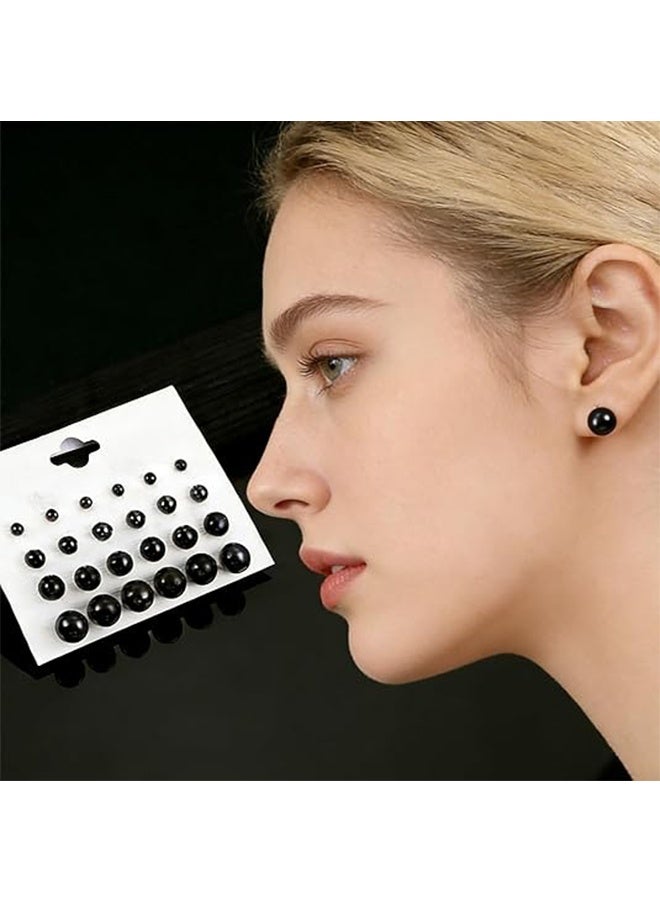 24 Pairs Set Pearl Stud Earrings Minimalist Dainty Hypoallergenic Elegant Round Ball Beads Stud Earrings Set for Women（5mm 8mm 10mm 12mm）（White+Black） - Image 2