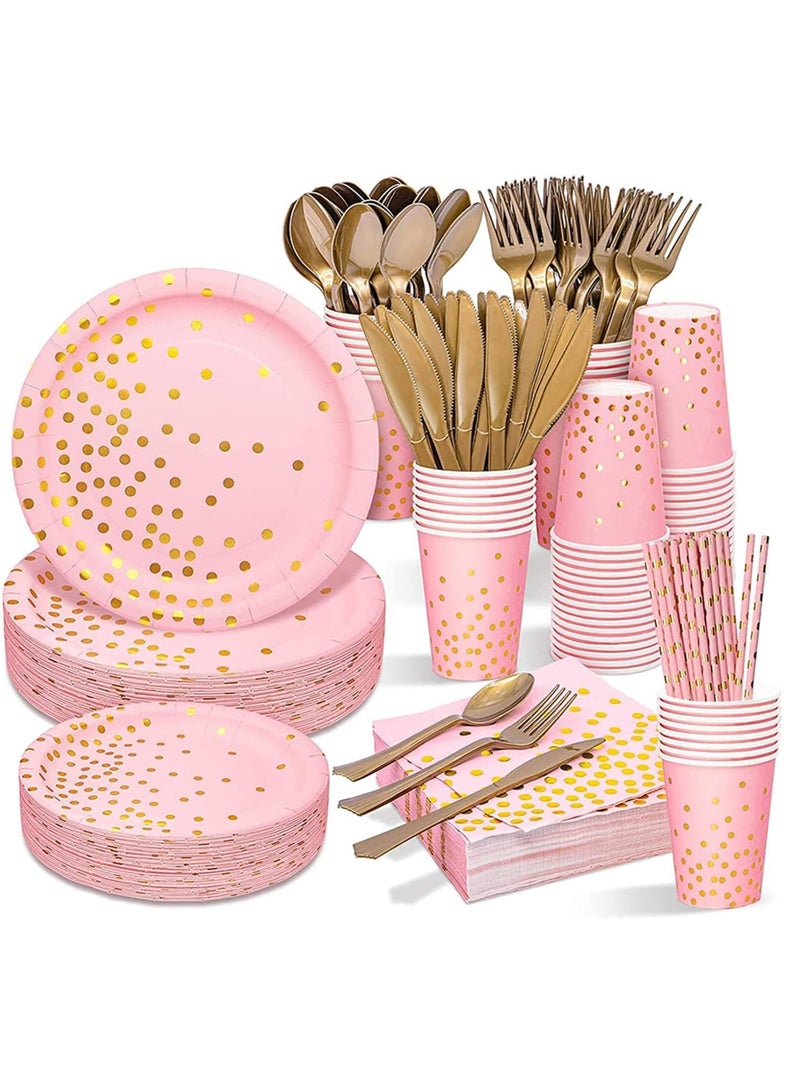 xppier 200 قطعة لوازم حفلات عيد الميلاد، أطباق حفلات ذات نقاط ذهبية، أطباق وأكواب ومناشف حفلات قابلة للتصرف تخدم 25 ضيفًا لحفلة زفاف أو عيد ميلاد (وردي) - Image 1