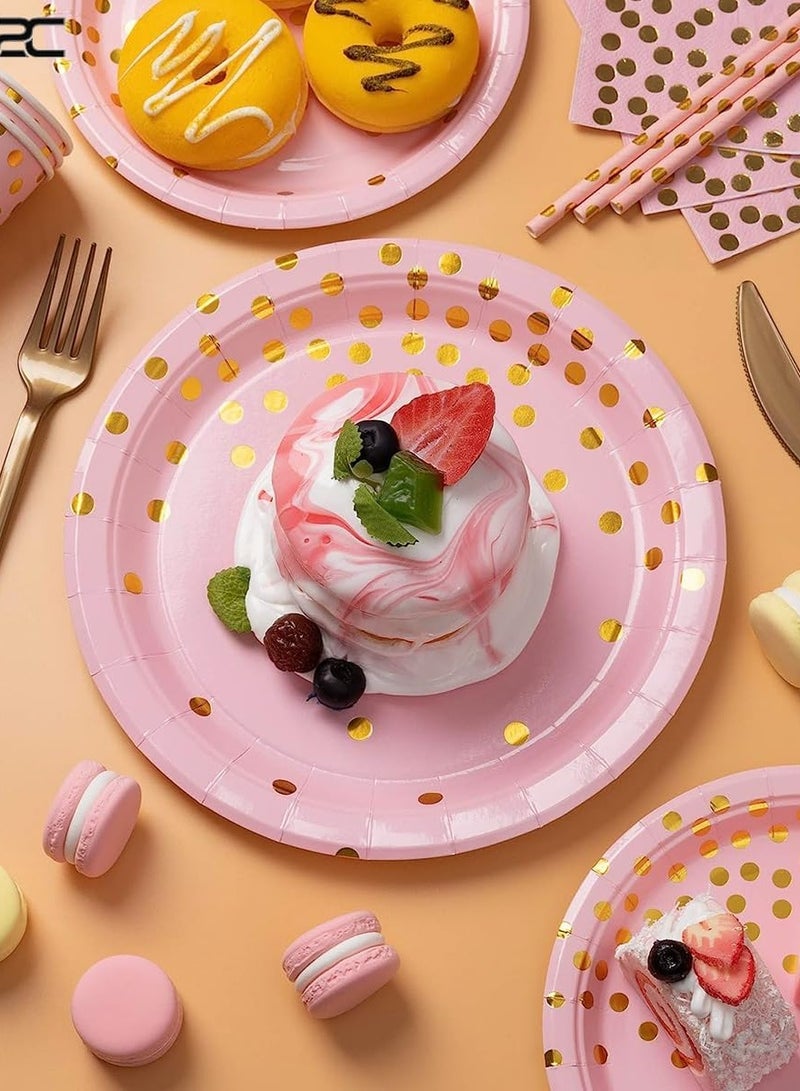 xppier 200 قطعة لوازم حفلات عيد الميلاد، أطباق حفلات ذات نقاط ذهبية، أطباق وأكواب ومناشف حفلات قابلة للتصرف تخدم 25 ضيفًا لحفلة زفاف أو عيد ميلاد (وردي) - Image 2