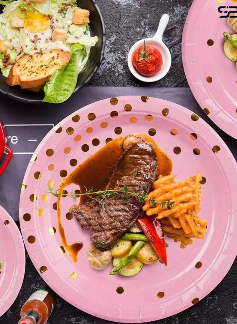 xppier 200 قطعة لوازم حفلات عيد الميلاد، أطباق حفلات ذات نقاط ذهبية، أطباق وأكواب ومناشف حفلات قابلة للتصرف تخدم 25 ضيفًا لحفلة زفاف أو عيد ميلاد (وردي) - Image 4