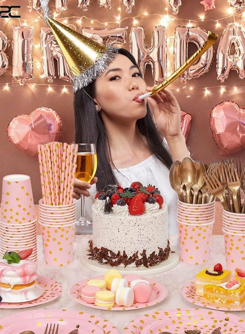 xppier 200 قطعة لوازم حفلات عيد الميلاد، أطباق حفلات ذات نقاط ذهبية، أطباق وأكواب ومناشف حفلات قابلة للتصرف تخدم 25 ضيفًا لحفلة زفاف أو عيد ميلاد (وردي) - Image 3