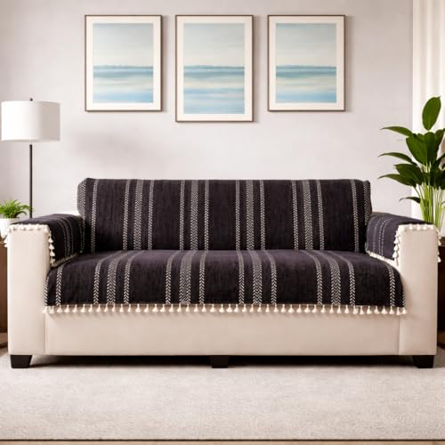 STITCHNEST Chenille Printed Sofa Cover 2 Seater with 2 Hand Rest Covers – Washable Black Sofa Cover with Tassels – Durable Premium Fabric – Stylish Sofa Protector for Living Room & Furniture Decor - Image 1