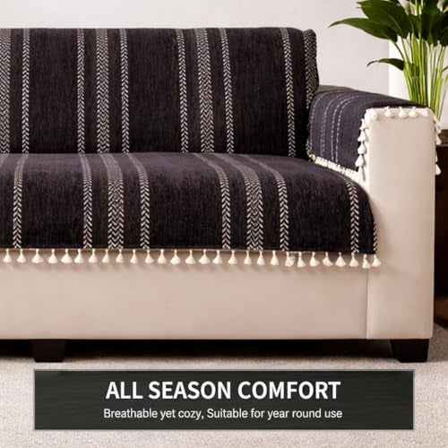 STITCHNEST Chenille Printed Sofa Cover 2 Seater with 2 Hand Rest Covers – Washable Black Sofa Cover with Tassels – Durable Premium Fabric – Stylish Sofa Protector for Living Room & Furniture Decor - Image 5