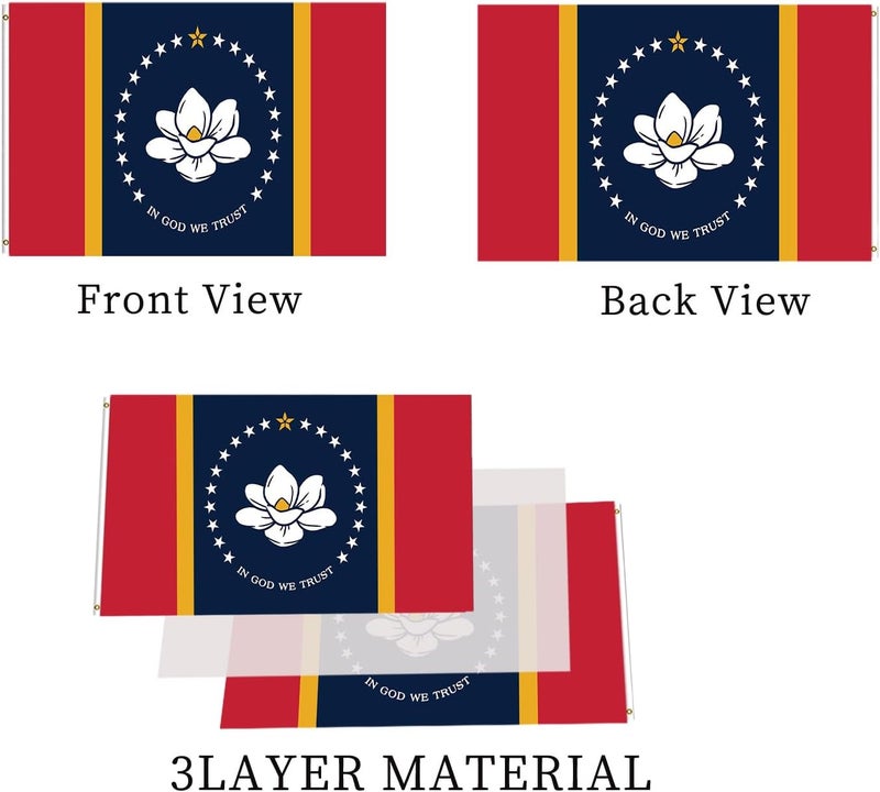 ARSOF New Mississippi MS State Flag Double Sided 3x5 Outdoor Heavy Duty 3 Ply with Durable Canvas Header and 2 Brass Grommets Vivid Color - Image 3