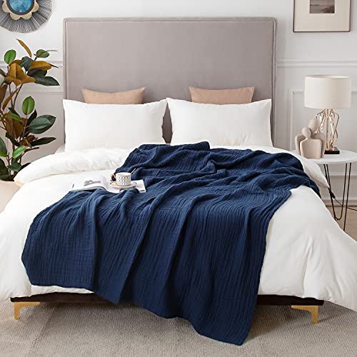 EMME Cotton Blanket Queen Size for Bed Soft Large Muslin Bed Blankets 90"x90" Lightweight Breathable All Season Gauze Blanket, Navy - Image 1