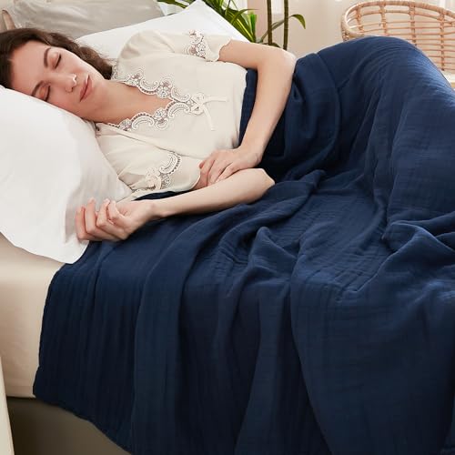 EMME Cotton Blanket Queen Size for Bed Soft Large Muslin Bed Blankets 90"x90" Lightweight Breathable All Season Gauze Blanket, Navy - Image 3