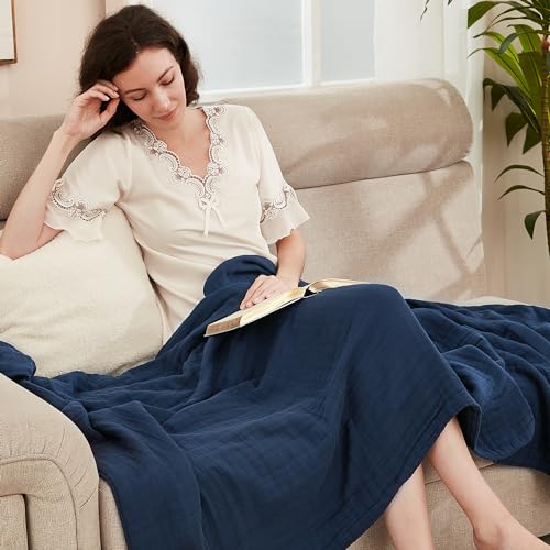 EMME Cotton Blanket Queen Size for Bed Soft Large Muslin Bed Blankets 90"x90" Lightweight Breathable All Season Gauze Blanket, Navy - Image 2