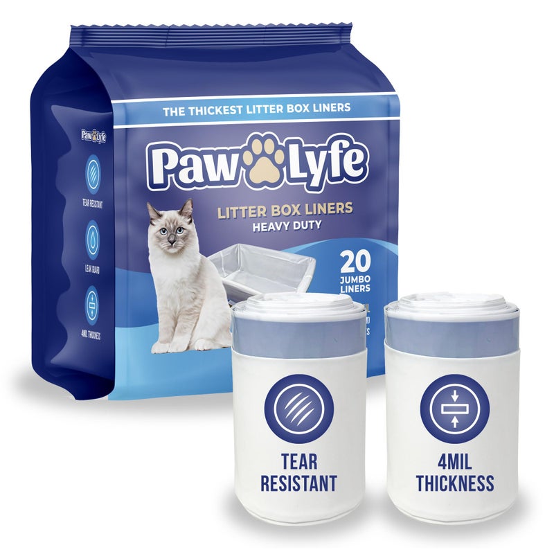 paw-lyfe PawLyfe Jumbo Cat Litter Box Liners - 4MIL Extra Thick Heavy Duty Drawstring Kitty Litter Bags - Scratch and Tear-Resistant XL Cat Pan Liners for Easy Litterbox Cleanup - 36" x 18" - Box of 20 Liners - Image 1