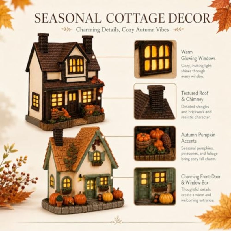 Vintage Light-Up Pumpkins Cottage, Halloween Decorations Lamp Figurine, Handcrafted Glowing Pumpkin Ornament, LED Rustic Festive Decor Courtyard, Luminous Holiday Accent - Image 5