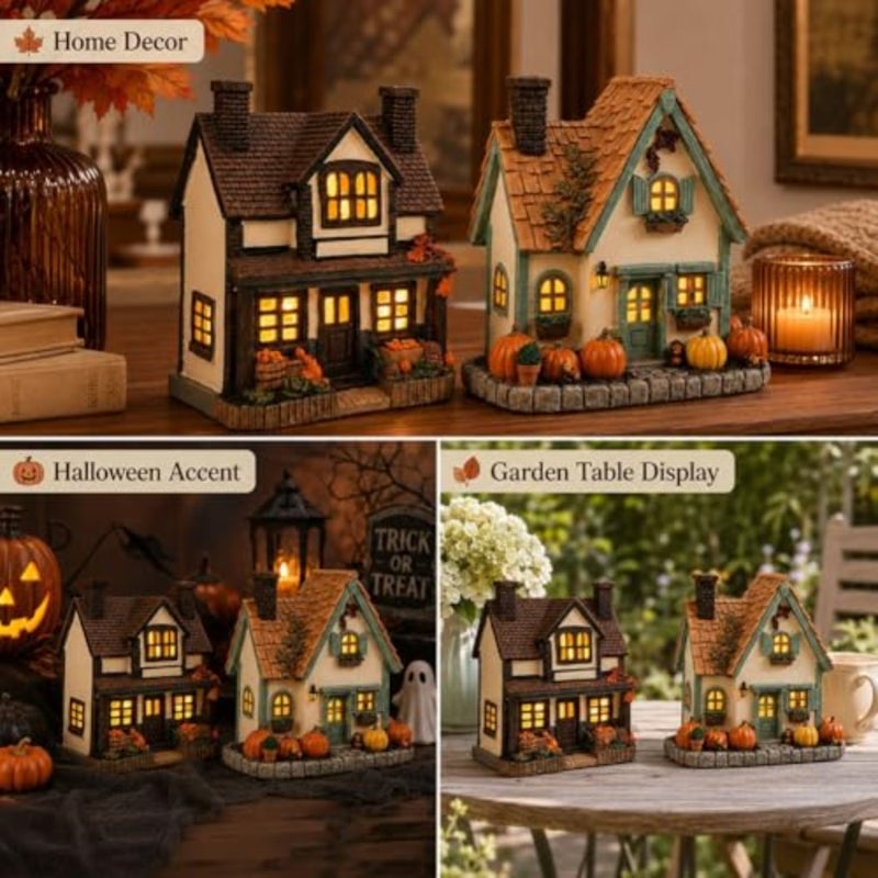Vintage Light-Up Pumpkins Cottage, Halloween Decorations Lamp Figurine, Handcrafted Glowing Pumpkin Ornament, LED Rustic Festive Decor Courtyard, Luminous Holiday Accent - Image 3