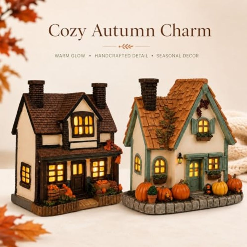 Vintage Light-Up Pumpkins Cottage, Halloween Decorations Lamp Figurine, Handcrafted Glowing Pumpkin Ornament, LED Rustic Festive Decor Courtyard, Luminous Holiday Accent - Image 2