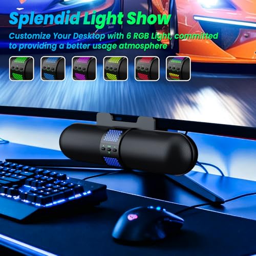BESTISAN Computer Speaker, Bluetooth 5.3/Wired USB A/C Connection, 6 RGB Light Modes, Gaming Soundbar for PC/Laptop/Desktop, USB A/C Adapter, Loud Sound, Easily Clamps to Monitor, Convenient Controls - Image 3