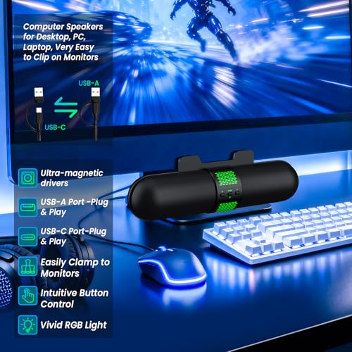 BESTISAN Computer Speaker, Bluetooth 5.3/Wired USB A/C Connection, 6 RGB Light Modes, Gaming Soundbar for PC/Laptop/Desktop, USB A/C Adapter, Loud Sound, Easily Clamps to Monitor, Convenient Controls - Image 5