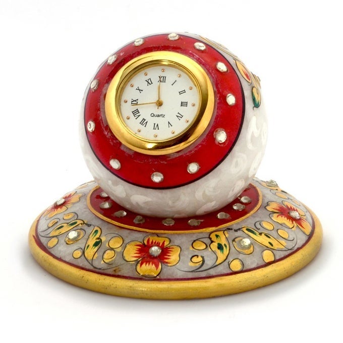 GOLDEN FLORAL MEENAKARI WORK MARBLE TABLE CLOCK 385 WHITE