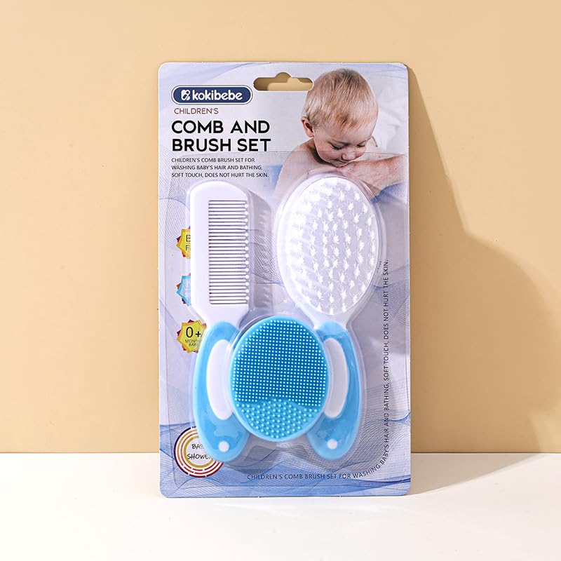 kokibebe' KOKIBEBE Baby Comb and Brush Set | Soft Natural Bristles, Silicone Scalp Massager & Comb | Gentle Hair Care for Newborns, Infants & Toddlers (Blue) - Image 1