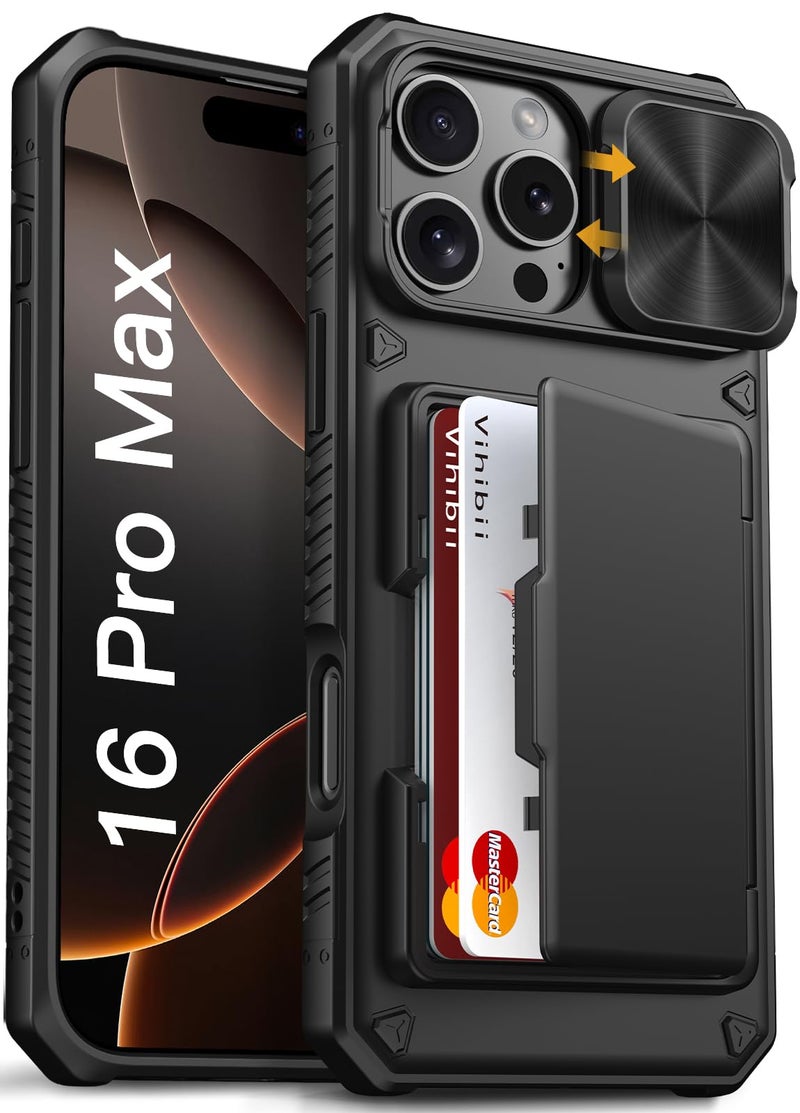 Vihibii for iPhone 16 Pro Max Case with Card Holder (4 Cards) [RFID Blocking] & Slide Camera Cover, Military Grade Drop Protection, Rugged Hard Back & Silicone Edge Wallet Phone Case, 6.9" 2024, Black - Image 1