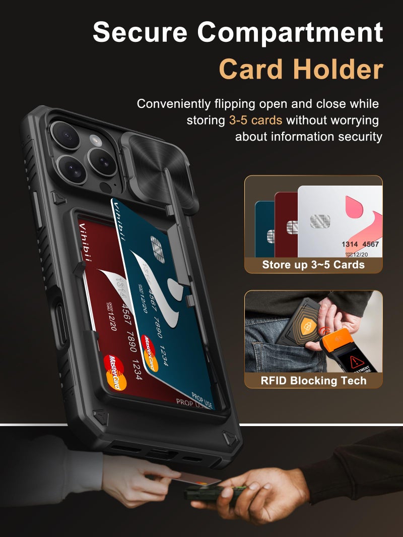 Vihibii for iPhone 16 Pro Max Case with Card Holder (4 Cards) [RFID Blocking] & Slide Camera Cover, Military Grade Drop Protection, Rugged Hard Back & Silicone Edge Wallet Phone Case, 6.9" 2024, Black - Image 3