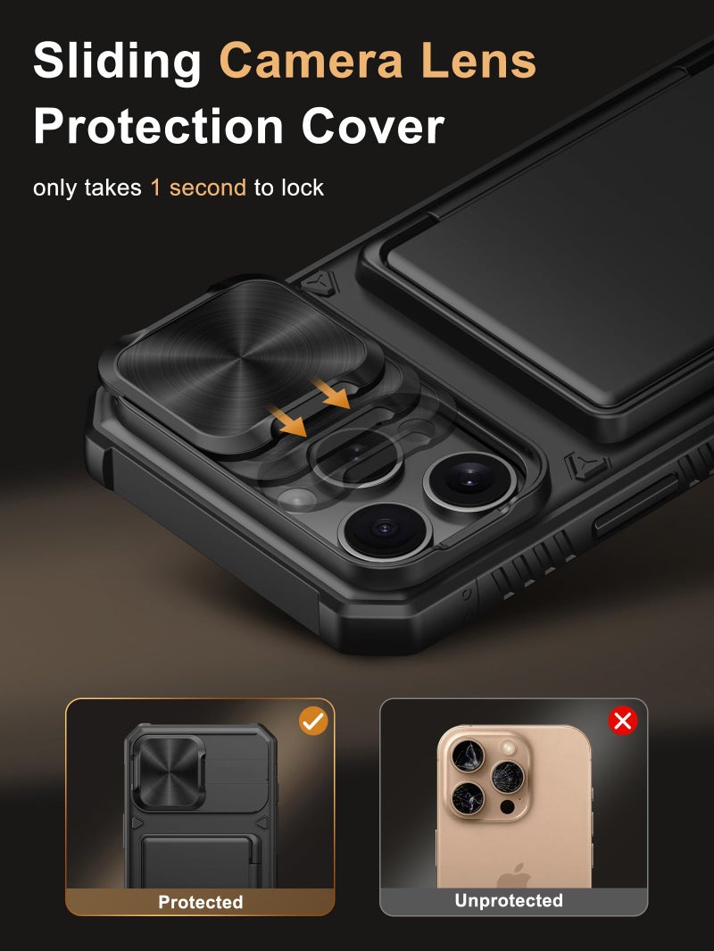 Vihibii for iPhone 16 Pro Max Case with Card Holder (4 Cards) [RFID Blocking] & Slide Camera Cover, Military Grade Drop Protection, Rugged Hard Back & Silicone Edge Wallet Phone Case, 6.9" 2024, Black - Image 4