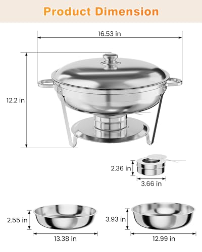 GAOMON 5QT Chafing Dish Buffet Set of 2 Pack, Round Stainless Steel Food Warmers Buffet Servers Sets, Chafer with Food & Water Pan, Lid, Frame, Fuel Holder for Catering and Parties - Image 3