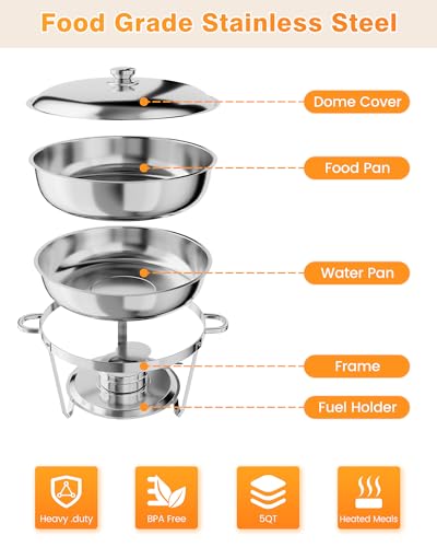 GAOMON 5QT Chafing Dish Buffet Set of 2 Pack, Round Stainless Steel Food Warmers Buffet Servers Sets, Chafer with Food & Water Pan, Lid, Frame, Fuel Holder for Catering and Parties - Image 2