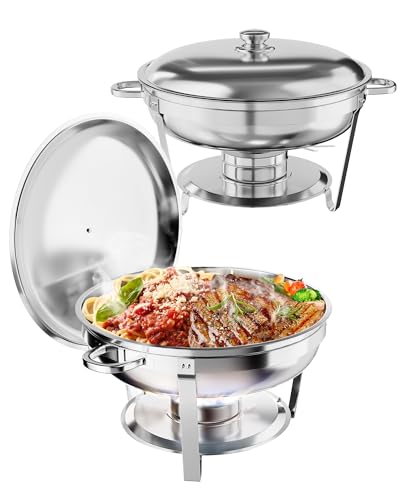 GAOMON 5QT Chafing Dish Buffet Set of 2 Pack, Round Stainless Steel Food Warmers Buffet Servers Sets, Chafer with Food & Water Pan, Lid, Frame, Fuel Holder for Catering and Parties - Image 1