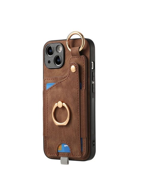 Case Cover For iPhone 12 Pro Max Retro Skin-feel Ring Card Bag Phone Case with Hang Loop Brown