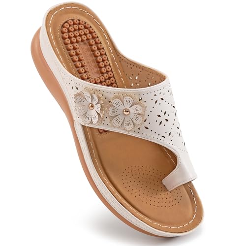 Aomigoct Sandals for Women Wedge Shoes: Double Flowers Decor Comfortable Orthopedic Sandals Womens Dressy Summer Flip Flops Casual Walking Wedges - Image 1
