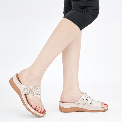 Aomigoct Sandals for Women Wedge Shoes: Double Flowers Decor Comfortable Orthopedic Sandals Womens Dressy Summer Flip Flops Casual Walking Wedges - Image 5
