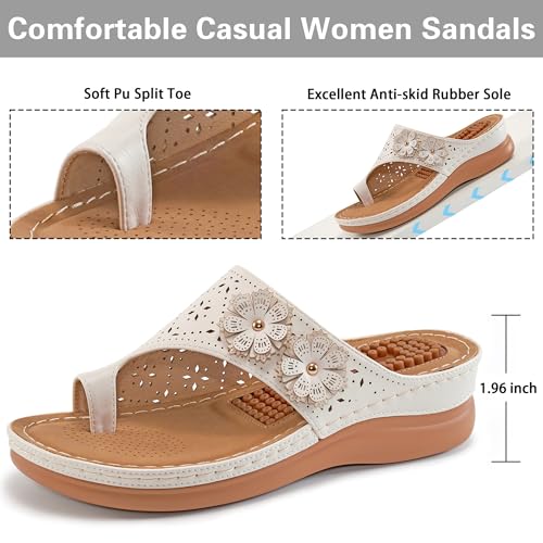 Aomigoct Sandals for Women Wedge Shoes: Double Flowers Decor Comfortable Orthopedic Sandals Womens Dressy Summer Flip Flops Casual Walking Wedges - Image 3