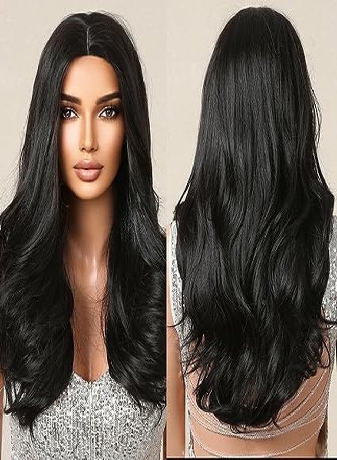 AHS 14-16 Inch Curly Wavy Middle Part Wig for Women, Short Natural Black Synthetic Heat Resistant Hair Wig with Net Cap, Stylish Everyday & Easy to Style Durable Wig - Image 1