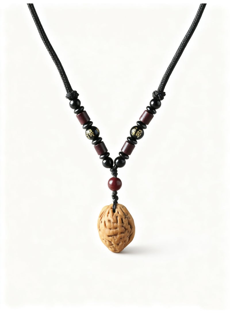 تشوميل قلادة مصنوعة يدويًا من خشب الجوز مع خرزات علاجية على حبل أسود مضفر - مستوحاة من الطبيعة، تجلب السلام والرفاهية - Image 1
