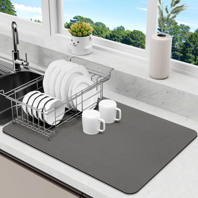 LIMNUO Dish Drying Mat for Kitchen Countertop, Drip Pad with Non-Slip Rubber Backing, Stain Resistant and Absorbent for Kitchen Countertop (Dark Grey, 50 x 30 cm) - Image 1