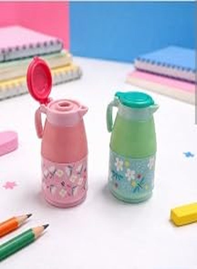 QUENCHUA 2 Pack of Mug | Jug | Kettle Shape Cute Floral Pencil Sharpener with Eraser, Assorted Colors, for Kids - Image 1