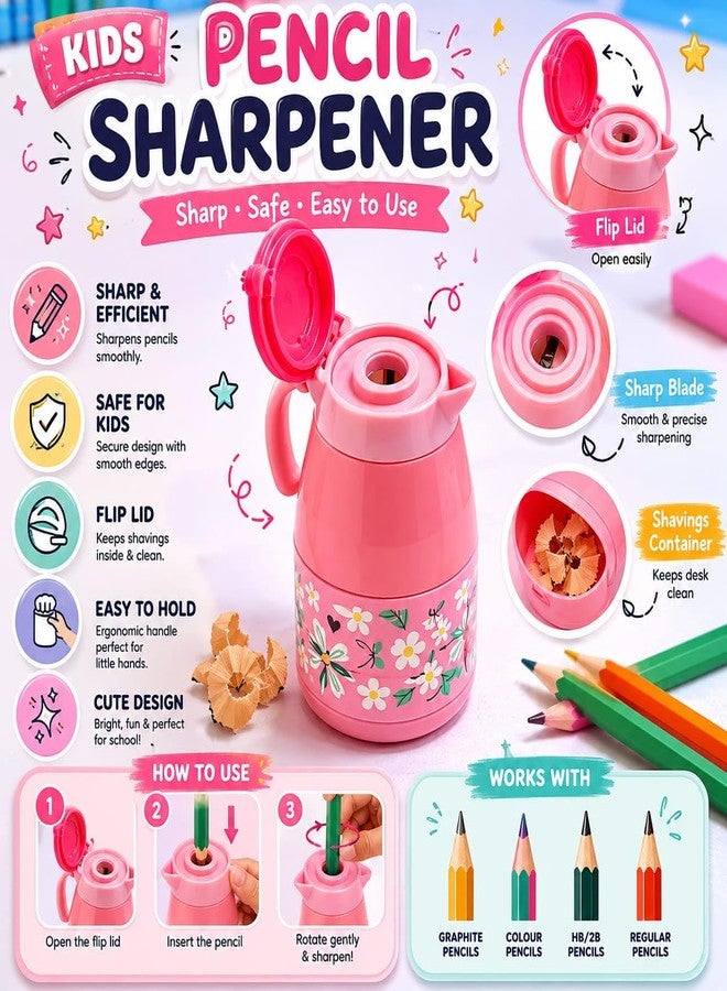 QUENCHUA 2 Pack of Mug | Jug | Kettle Shape Cute Floral Pencil Sharpener with Eraser, Assorted Colors, for Kids - Image 5