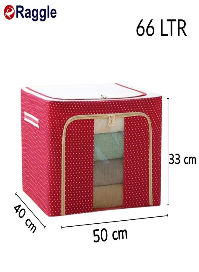 Raggle 2 PCS polycotton Clothes Storage Organizer Bins, Foldable Storage Bins-Cloth Steel Frame Storage Box with Foldable Clear Window & Reinforced Handles (Red, 66L-2) - Image 2