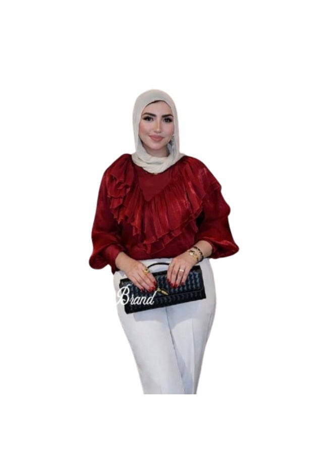 Women's Evening Blouse with Multi-Layered Ruffles - High-Quality Imported Organza - Elegant Design for Special Occasions and Evenings - One Size Fits Up to 85 kg - Red - Image 1
