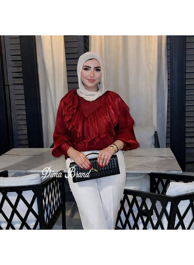 Women's Evening Blouse with Multi-Layered Ruffles - High-Quality Imported Organza - Elegant Design for Special Occasions and Evenings - One Size Fits Up to 85 kg - Red - Image 2