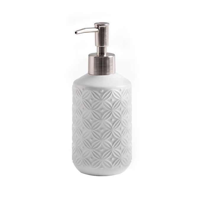FE SOAP DISPENSER 135OZ SOAP DISPENSER BATHROOM WITH 304 RUST PROOF STAINLESS STEEL PUMP CERAMIC HAND SOAP DISPENSER WITH VINTAGE EMBOSS DESIGN FOR KITCHEN BATHROOM WHITE