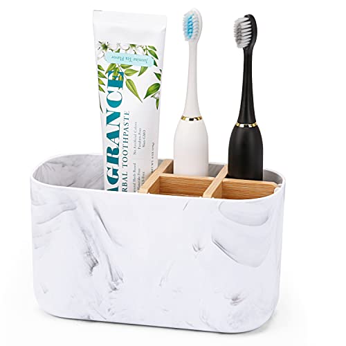 GFWARE Toothbrush Holders for Bathrooms 5 Slots Bamboo Toothbrush Holder Kids Electric Toothbrush Holder and Toothpaste Holder for Bathroom Countertop Accessories Storage Marble Toothbrush Organizer