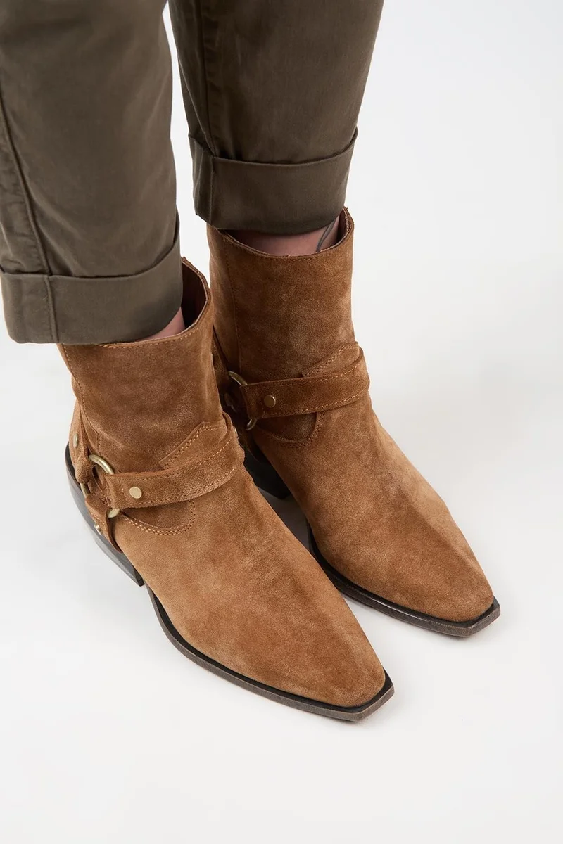 Manijero Manijero (Neus) Women's Genuine Leather Cowboy Special Distressed Leather Tan Boots with Ring Belt