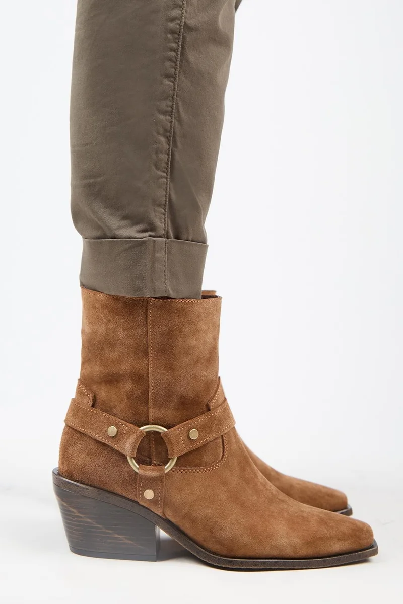 Manijero Manijero (Neus) Women's Genuine Leather Cowboy Special Distressed Leather Tan Boots with Ring Belt