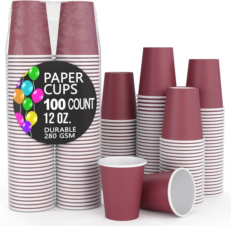 Party Solids Burgundy Paper Cups 12 oz Durable Disposable Cups 100 Paper Tumblers for Hot Drinks and Cold Drinks Thick 280 GSM Hot Cup for Tea & Coffee Cup To Go Fun Colors for Parties & Events - Image 1