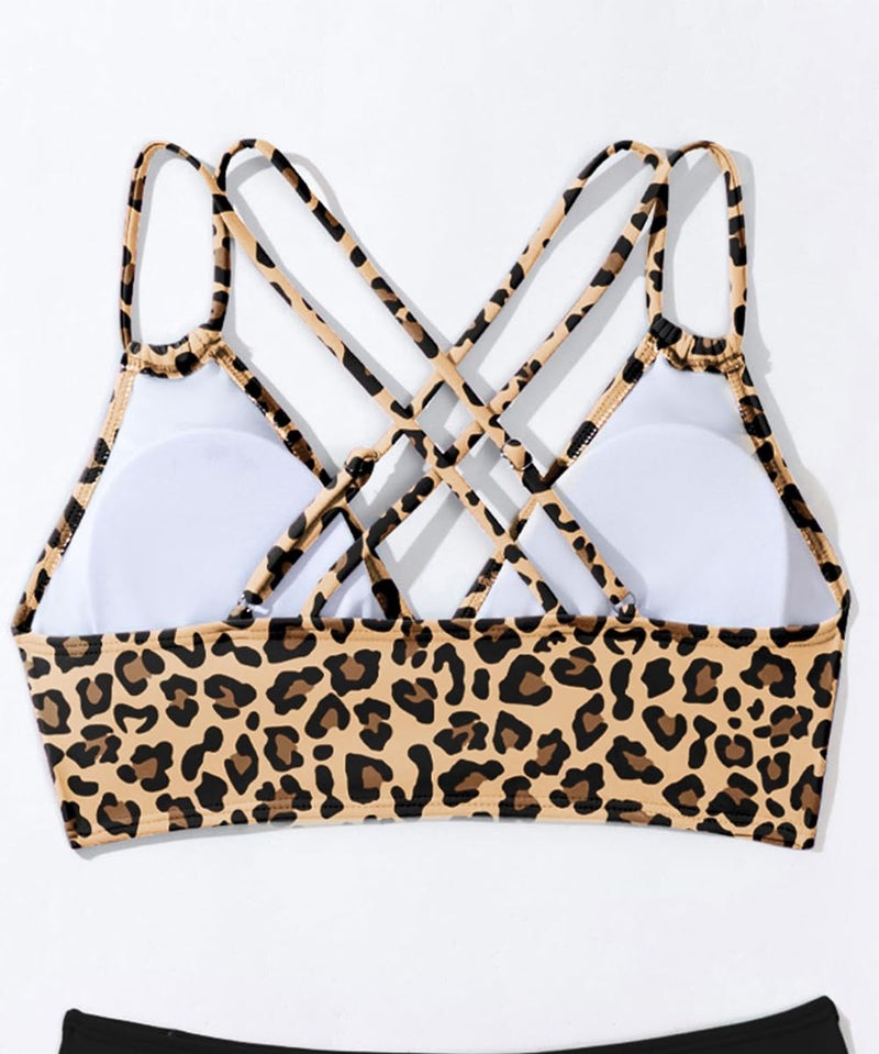 Tainehs Women's Push Up V Neck Bikini Tops Criss Cross Back Padded Bathing Suit Top Only Leopard - Image 4