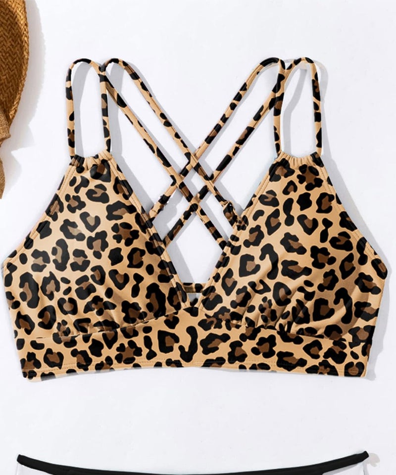 Tainehs Women's Push Up V Neck Bikini Tops Criss Cross Back Padded Bathing Suit Top Only Leopard - Image 3